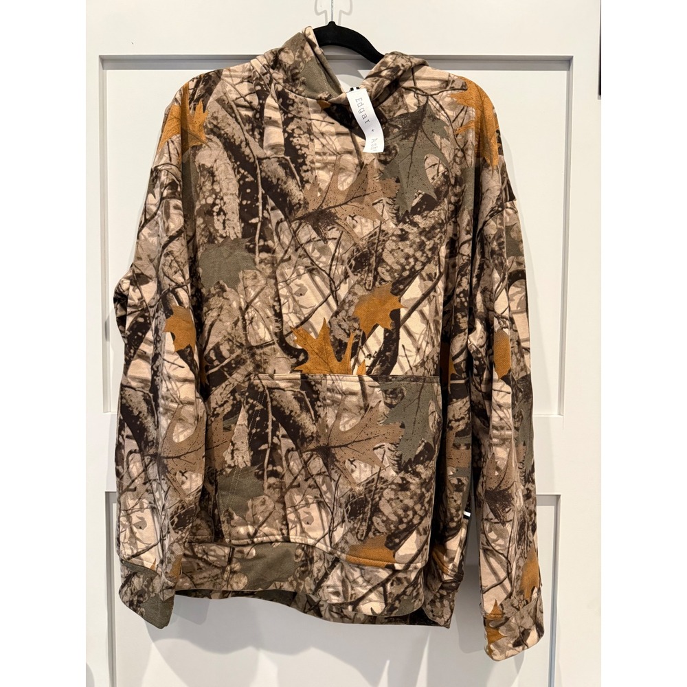 Edgar + Ash Mens Camo Hoodie L Brown Leaf Print French Terry Sweatshirt NEW